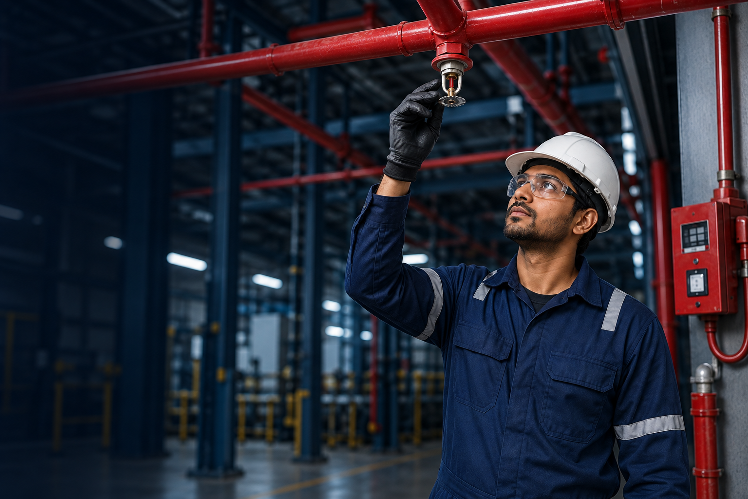 Safety engineer inspecting an overhead sprinkler and fire protection pipework